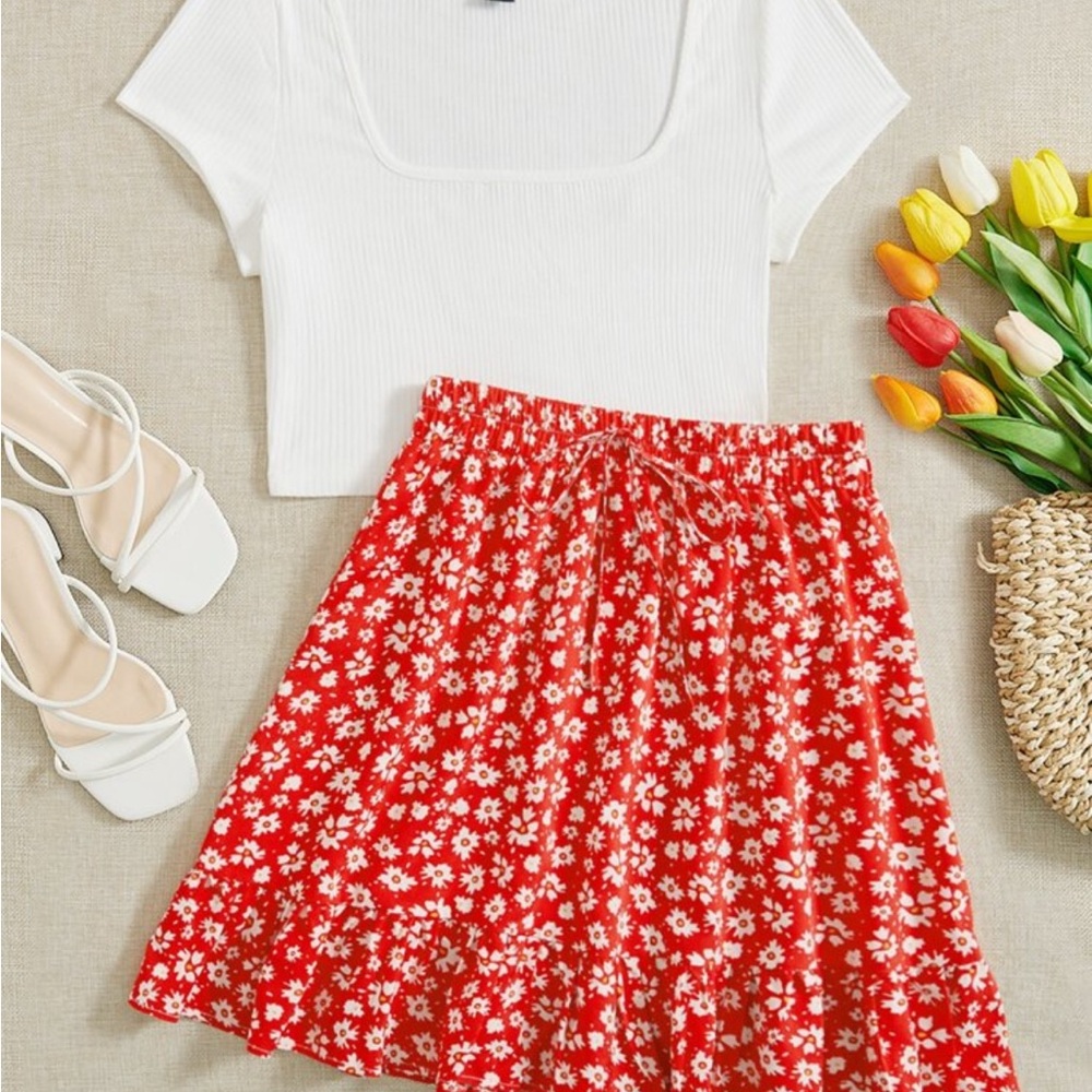 Floral Red Skirt